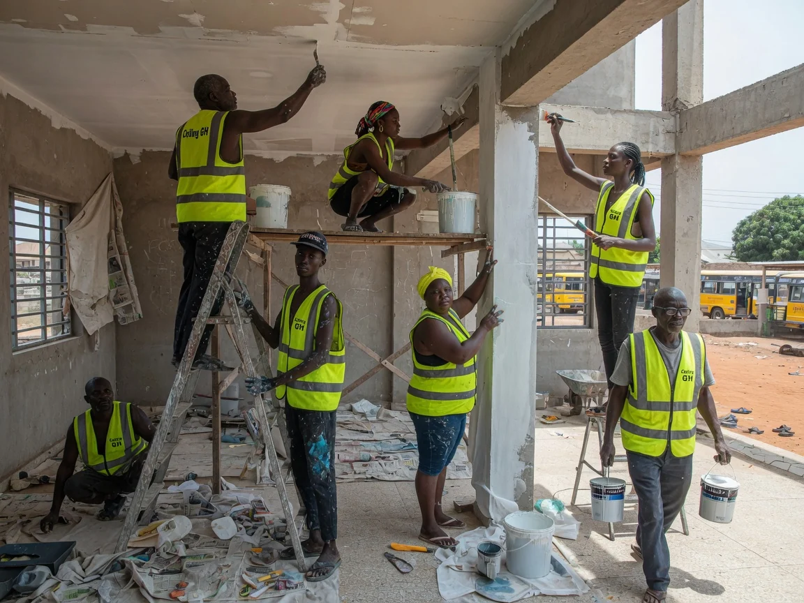 Multi-property ceiling program rollout across sites in Accra — shot: hotel corridor ceiling install in an occupied property, phased program working  ceilinggh, Accra Ghana
